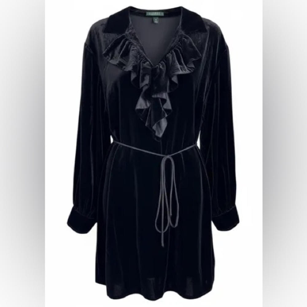 Ralph Lauren Velvet Ruffle V-Neck Tie-Waist Blouse Nettoyage a Sec Uniquement 1x